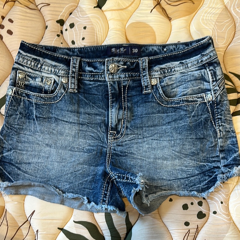 Miss Me Blue Jean Shorts Distressed - Mid-Rise Style